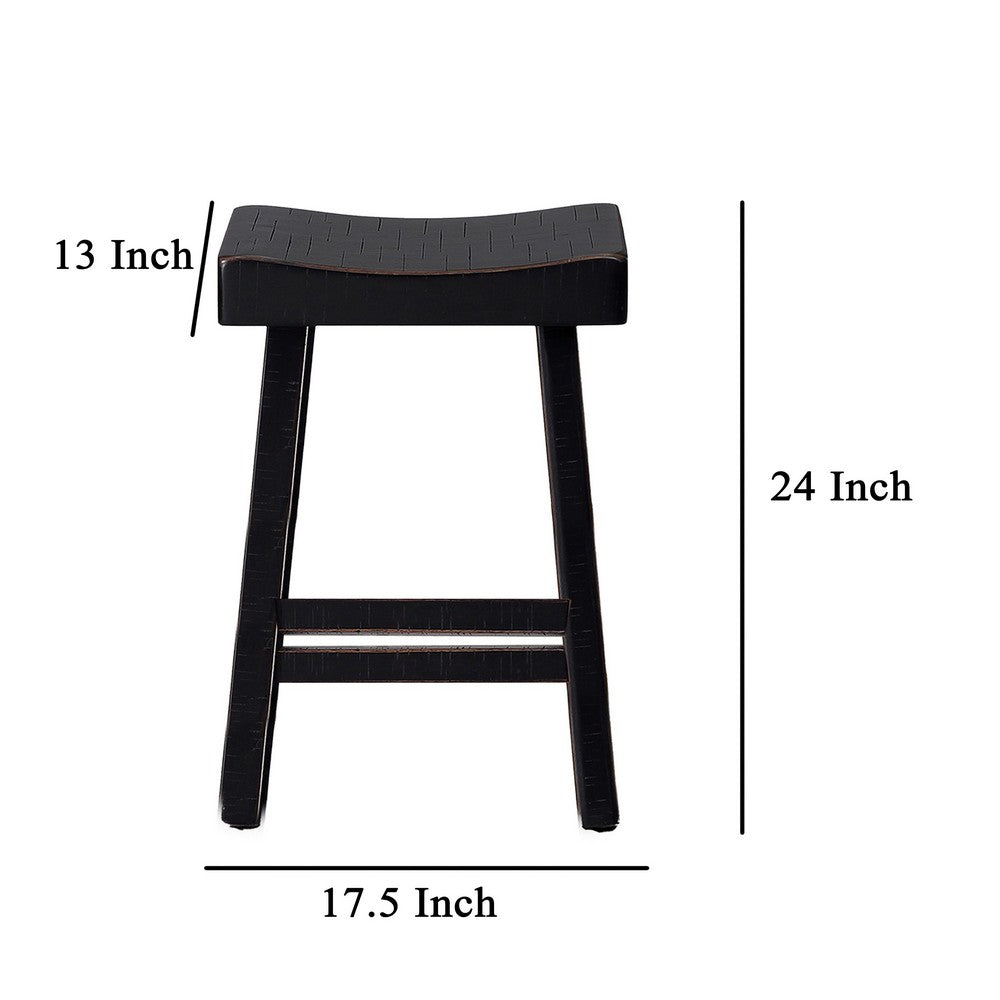 Benjara Bianca Counter Stool Set of 2, Saddle Seat, Farmhouses Black Solid Wood