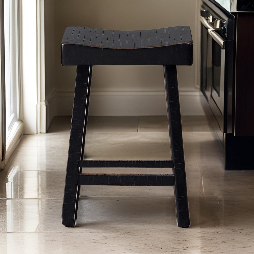 Benjara Bianca Counter Stool Set of 2, Saddle Seat, Farmhouses Black Solid Wood