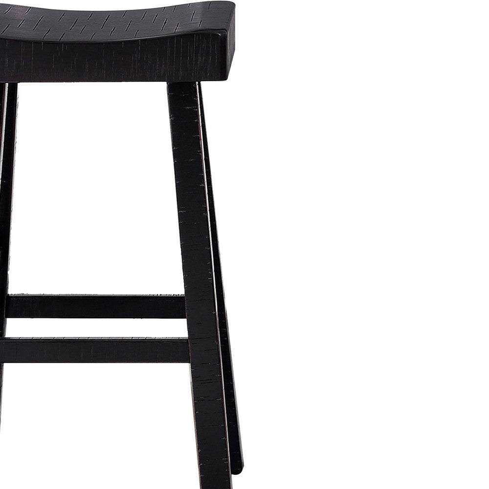 Benjara Bianca Barstool Set of 2, Saddle Seat, Farmhouses Style Black Solid Wood