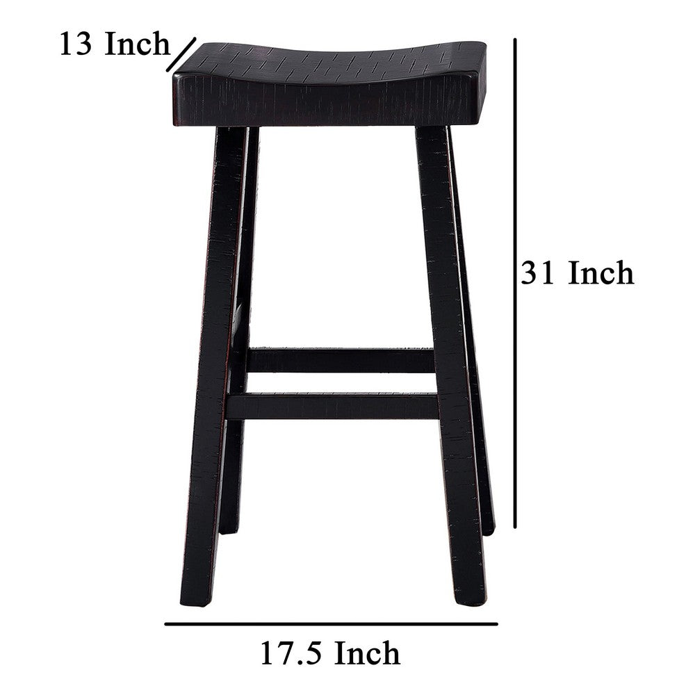 Benjara Bianca Barstool Set of 2, Saddle Seat, Farmhouses Style Black Solid Wood