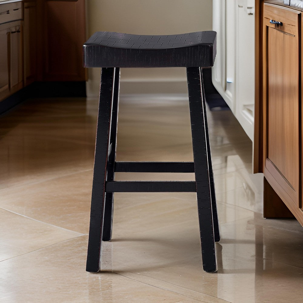 Benjara Bianca Barstool Set of 2, Saddle Seat, Farmhouses Style Black Solid Wood