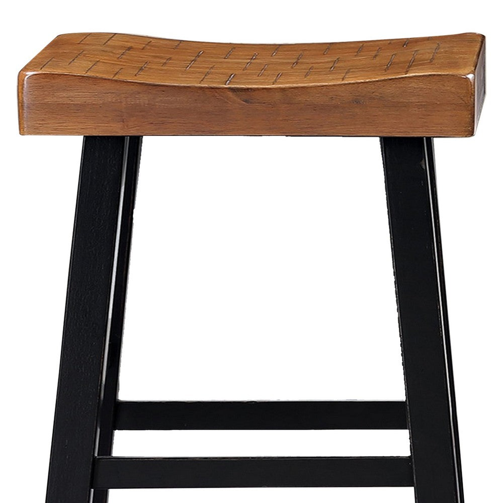 Benjara Bianca Counter Stool Set of 2, Light Brown Saddle Seat, Black Solid Wood