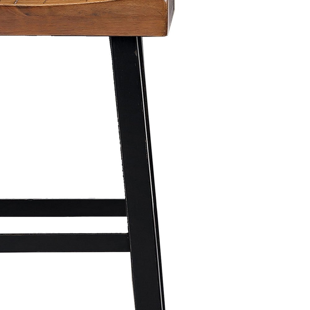 Benjara Bianca Counter Stool Set of 2, Light Brown Saddle Seat, Black Solid Wood