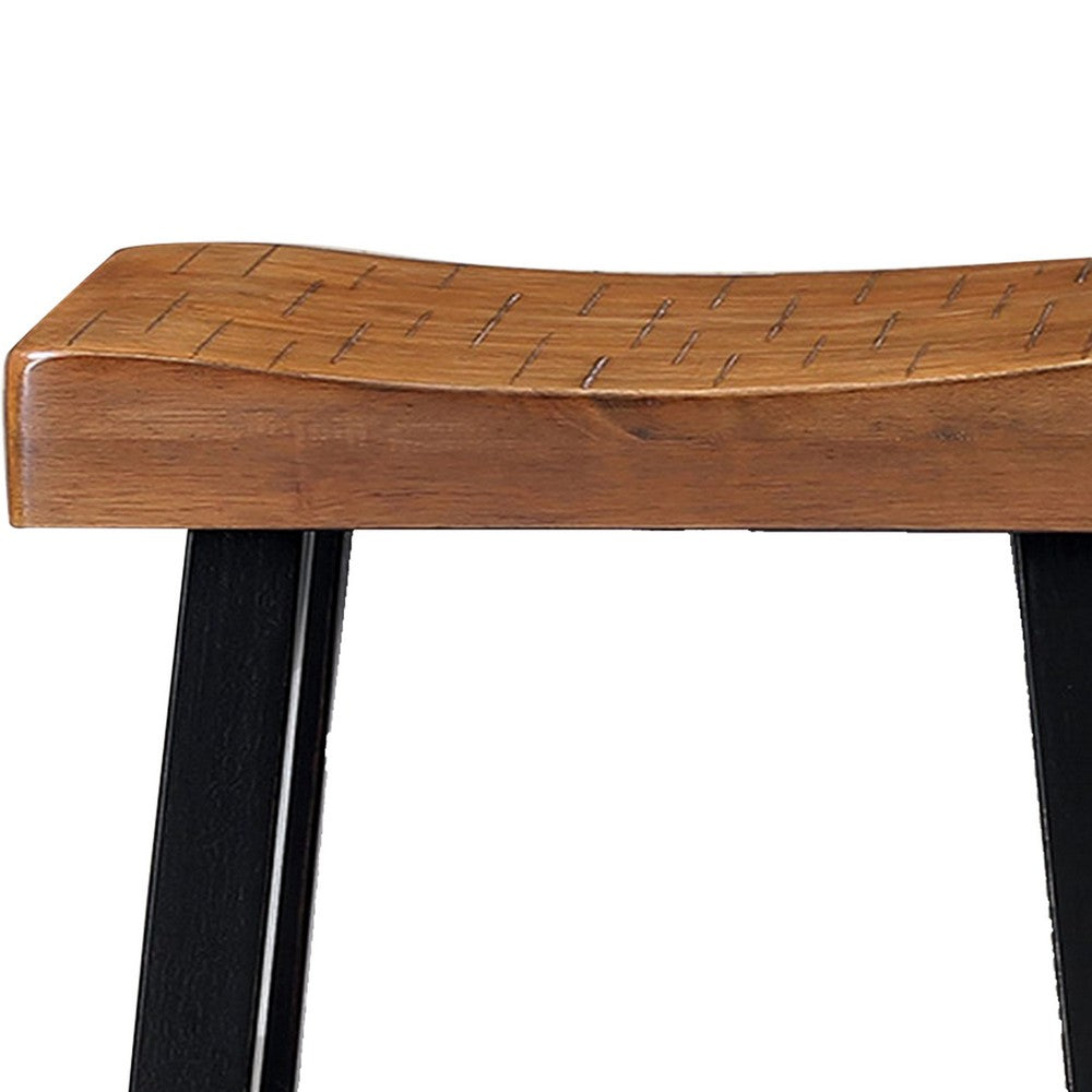 Benjara Bianca Counter Stool Set of 2, Light Brown Saddle Seat, Black Solid Wood