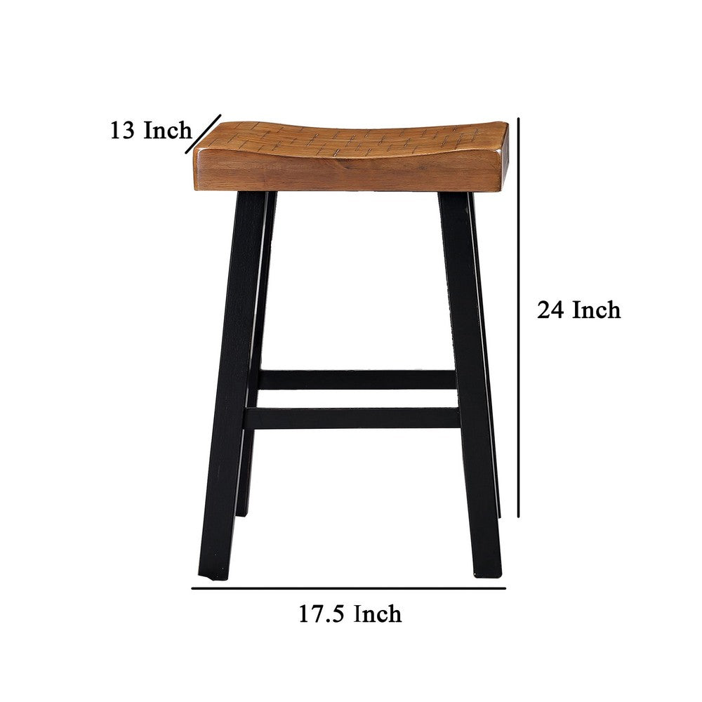 Benjara Bianca Counter Stool Set of 2, Light Brown Saddle Seat, Black Solid Wood