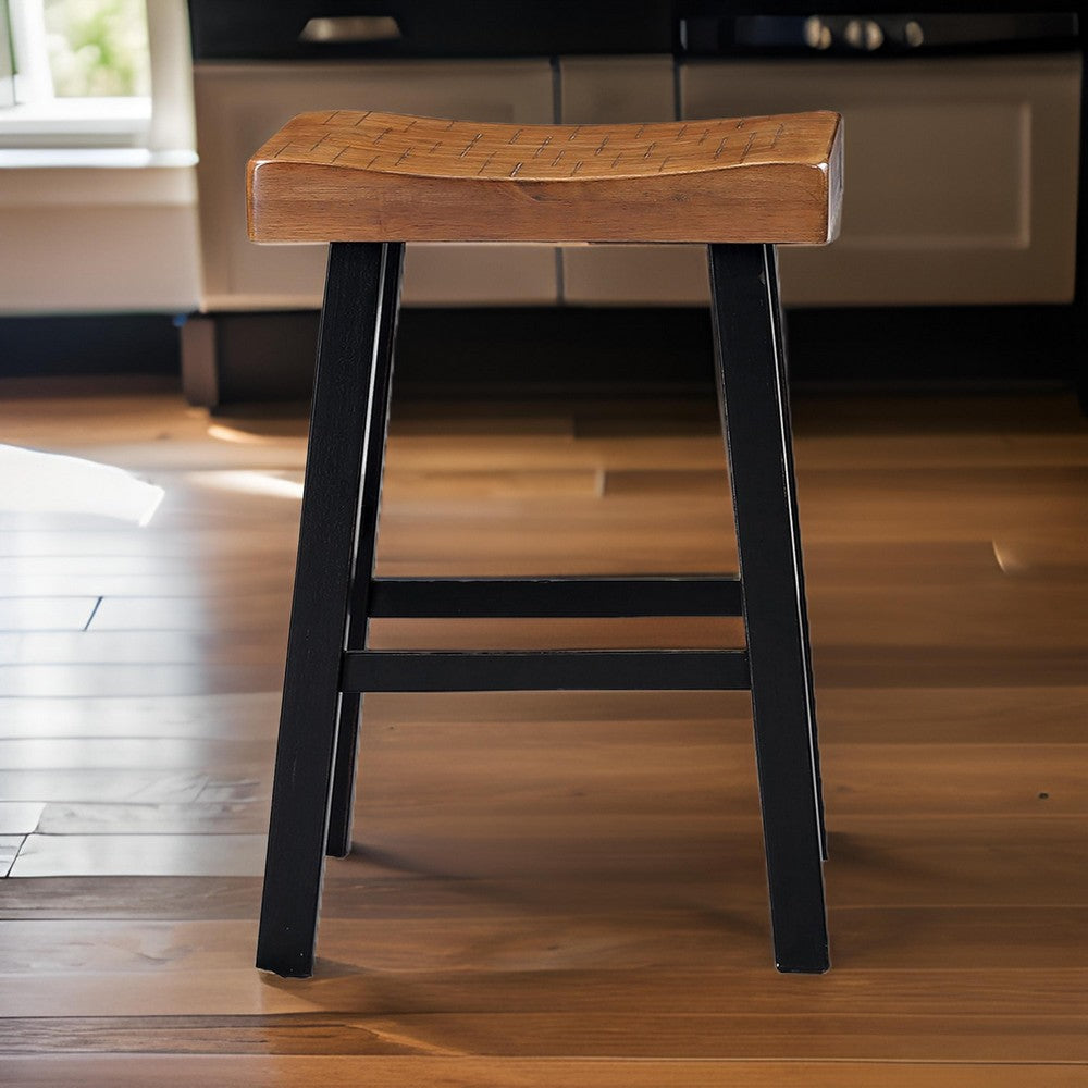 Benjara Bianca Counter Stool Set of 2, Light Brown Saddle Seat, Black Solid Wood
