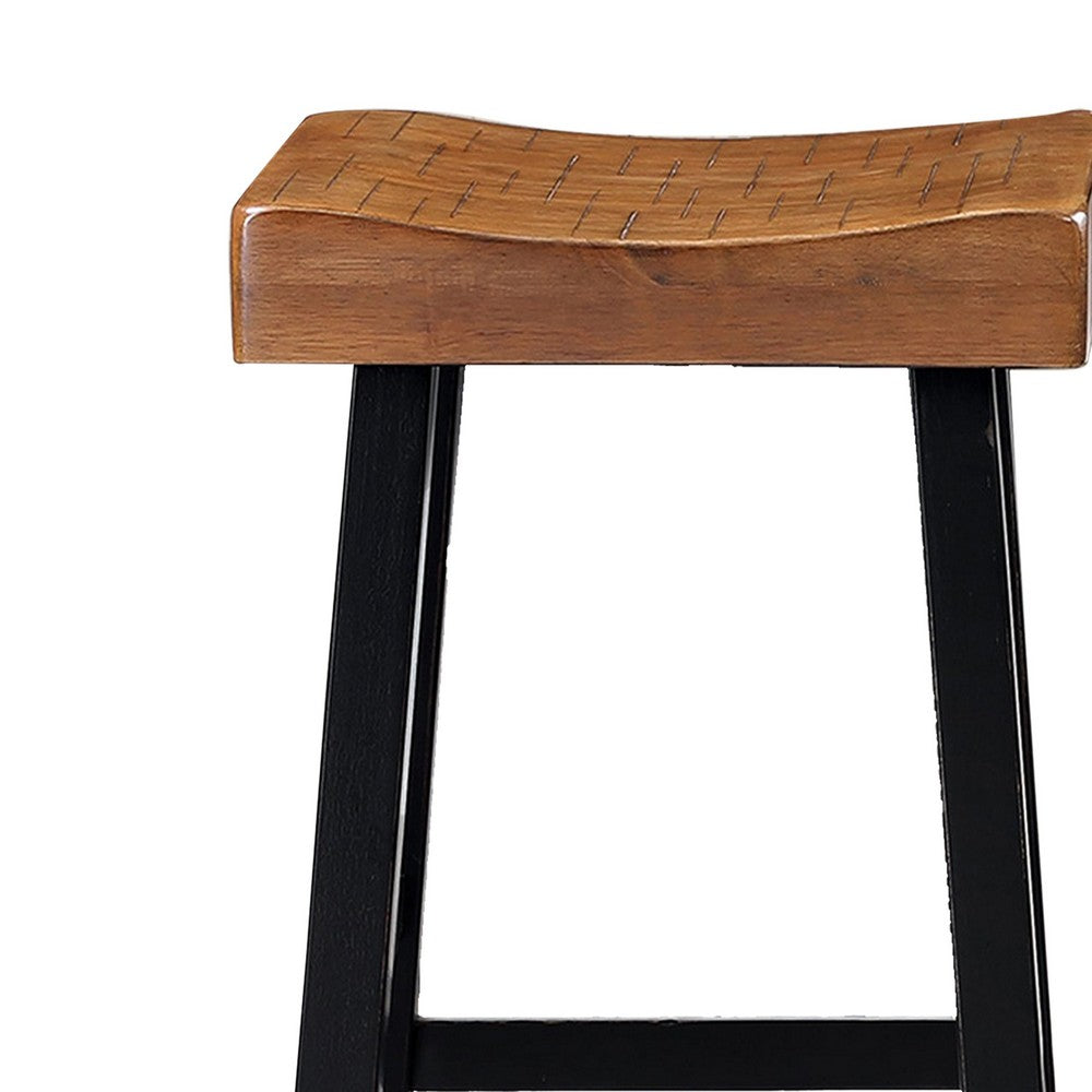 Benjara Bianca Barstool Set of 2, Light Brown Saddle Seat, Black Solid Wood