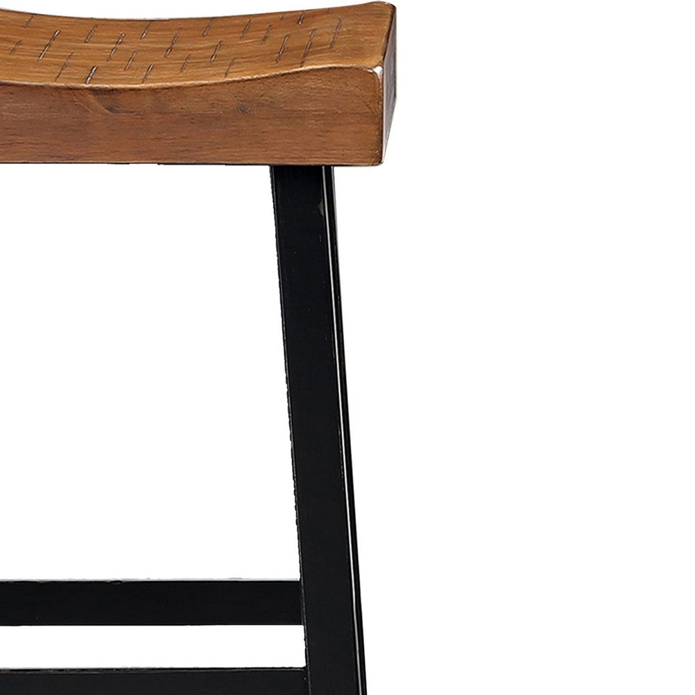 Benjara Bianca Barstool Set of 2, Light Brown Saddle Seat, Black Solid Wood