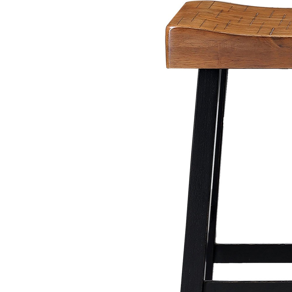 Benjara Bianca Barstool Set of 2, Light Brown Saddle Seat, Black Solid Wood