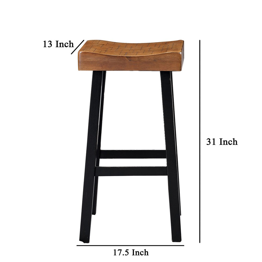 Benjara Bianca Barstool Set of 2, Light Brown Saddle Seat, Black Solid Wood