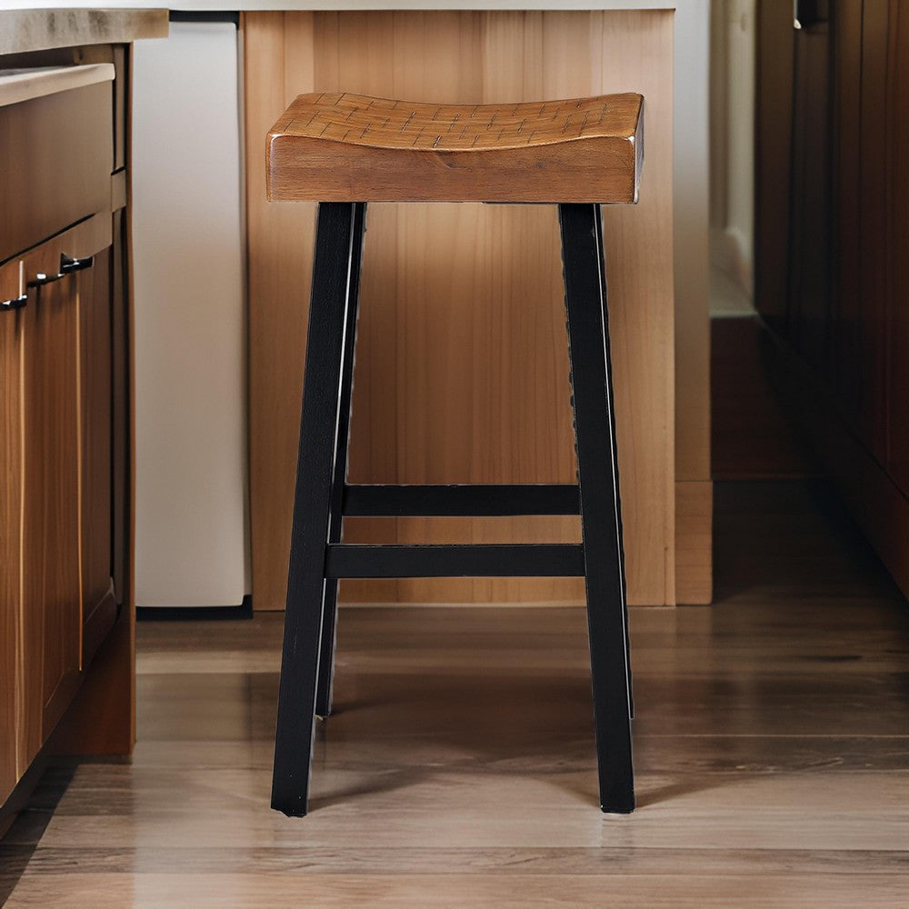 Benjara Bianca Barstool Set of 2, Light Brown Saddle Seat, Black Solid Wood