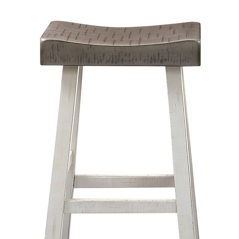 Benjara Bianca Counter Stool Set of 2, Dark Gray Saddle Seat, White Solid Wood