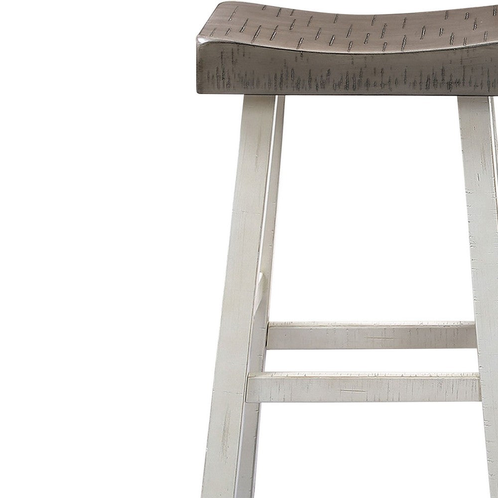 Benjara Bianca Counter Stool Set of 2, Dark Gray Saddle Seat, White Solid Wood
