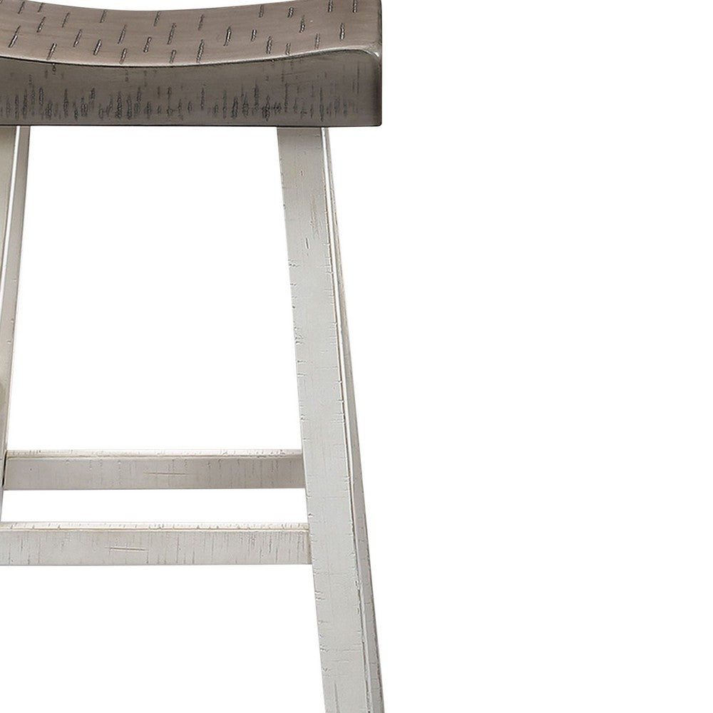 Benjara Bianca Counter Stool Set of 2, Dark Gray Saddle Seat, White Solid Wood