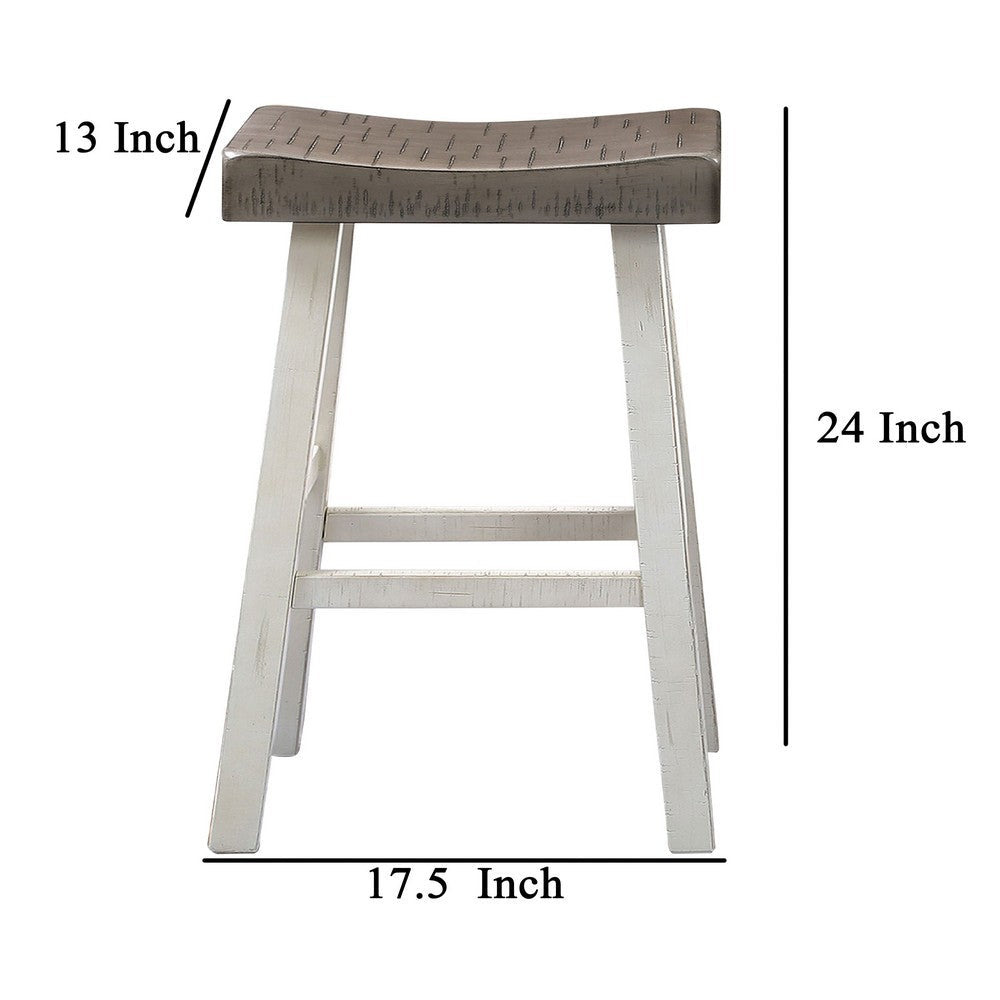 Benjara Bianca Counter Stool Set of 2, Dark Gray Saddle Seat, White Solid Wood