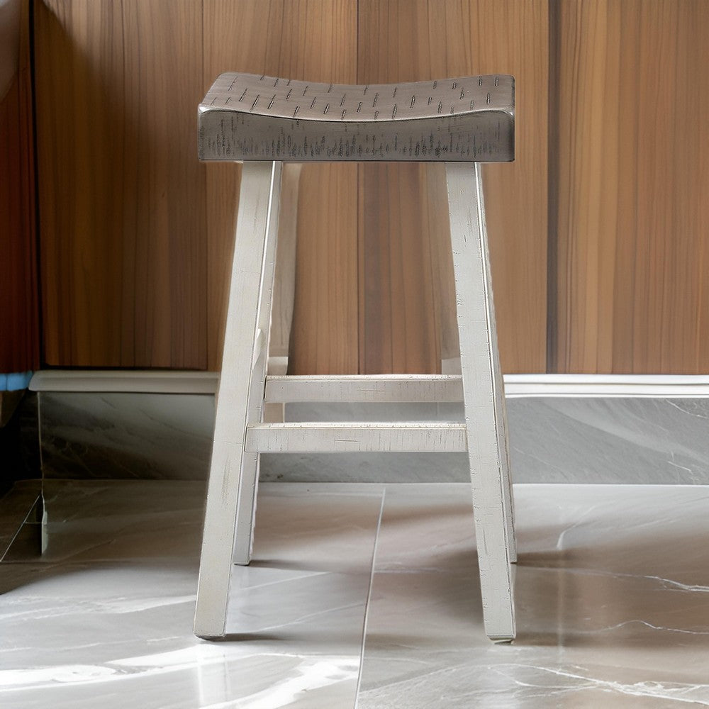 Benjara Bianca Counter Stool Set of 2, Dark Gray Saddle Seat, White Solid Wood