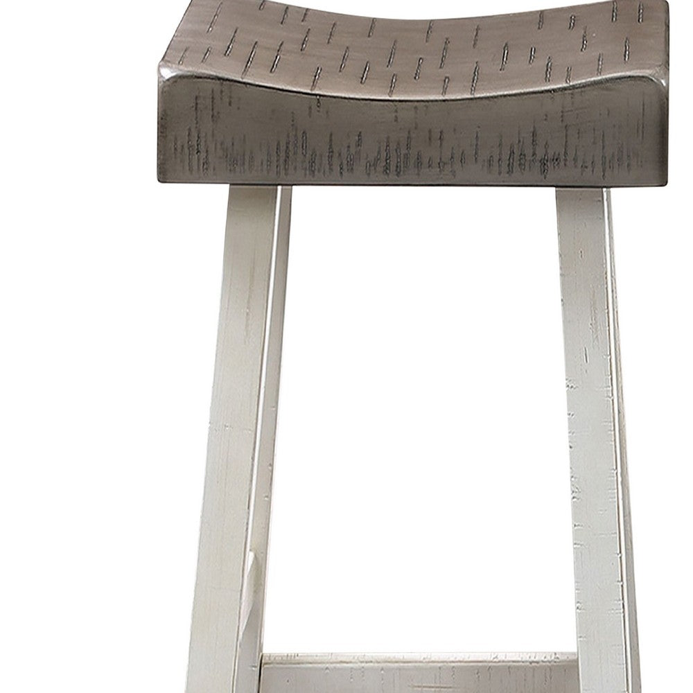 Benjara Bianca Barstool Set of 2, Dark Gray Saddle Seat, White Solid Wood