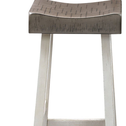 Benjara Bianca Barstool Set of 2, Dark Gray Saddle Seat, White Solid Wood