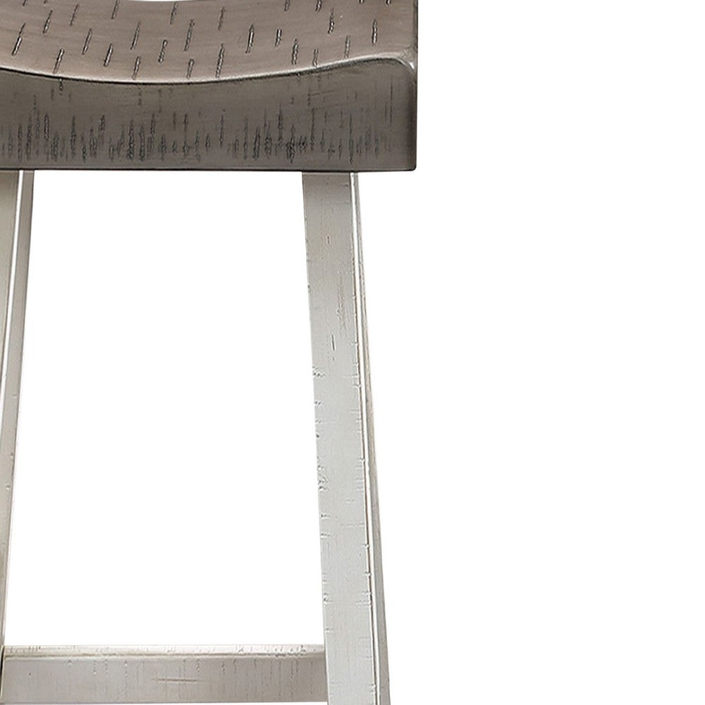 Benjara Bianca Barstool Set of 2, Dark Gray Saddle Seat, White Solid Wood