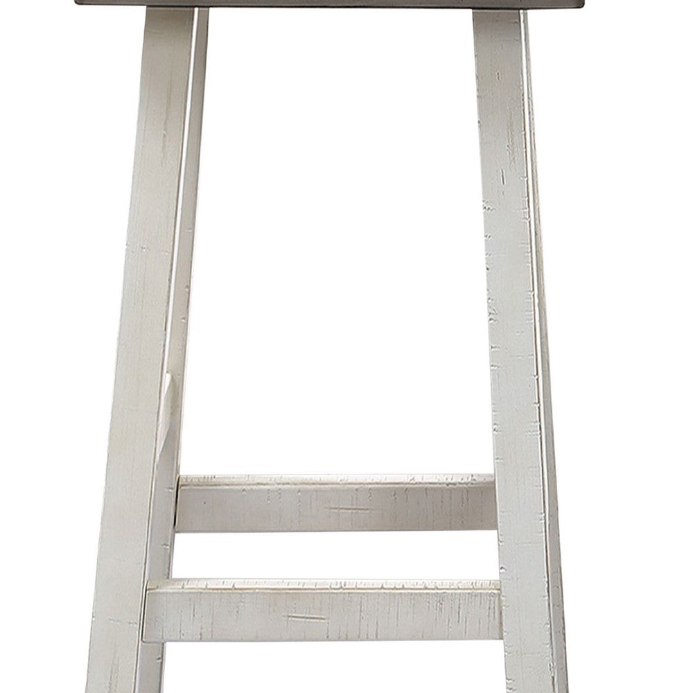 Benjara Bianca Barstool Set of 2, Dark Gray Saddle Seat, White Solid Wood