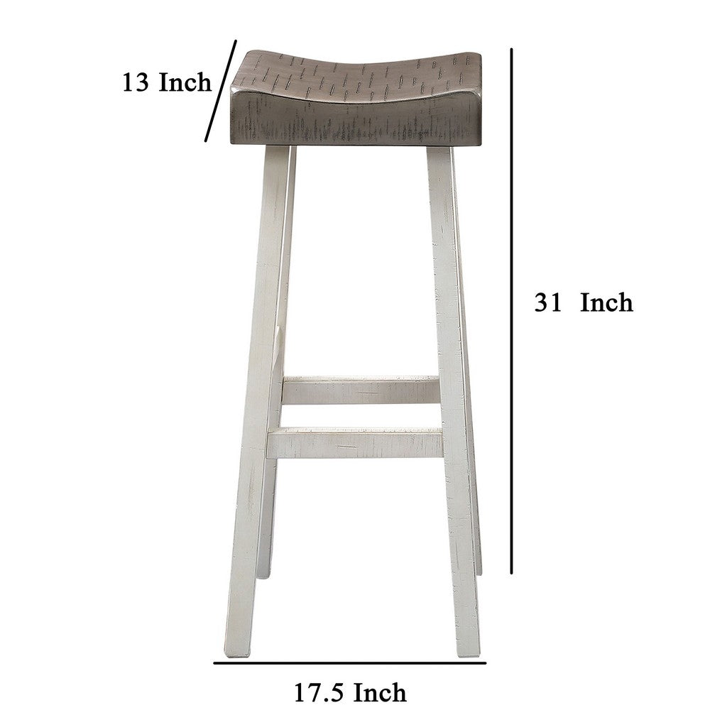 Benjara Bianca Barstool Set of 2, Dark Gray Saddle Seat, White Solid Wood