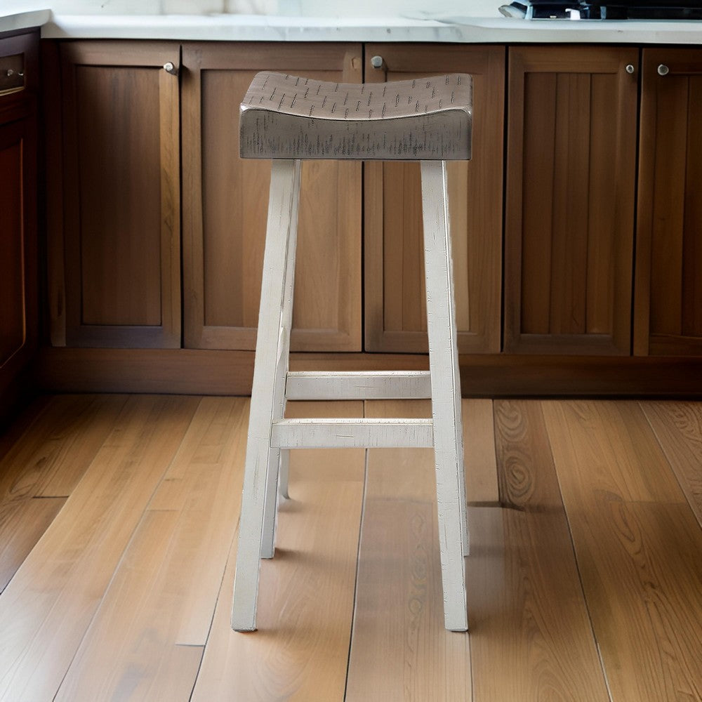 Benjara Bianca Barstool Set of 2, Dark Gray Saddle Seat, White Solid Wood