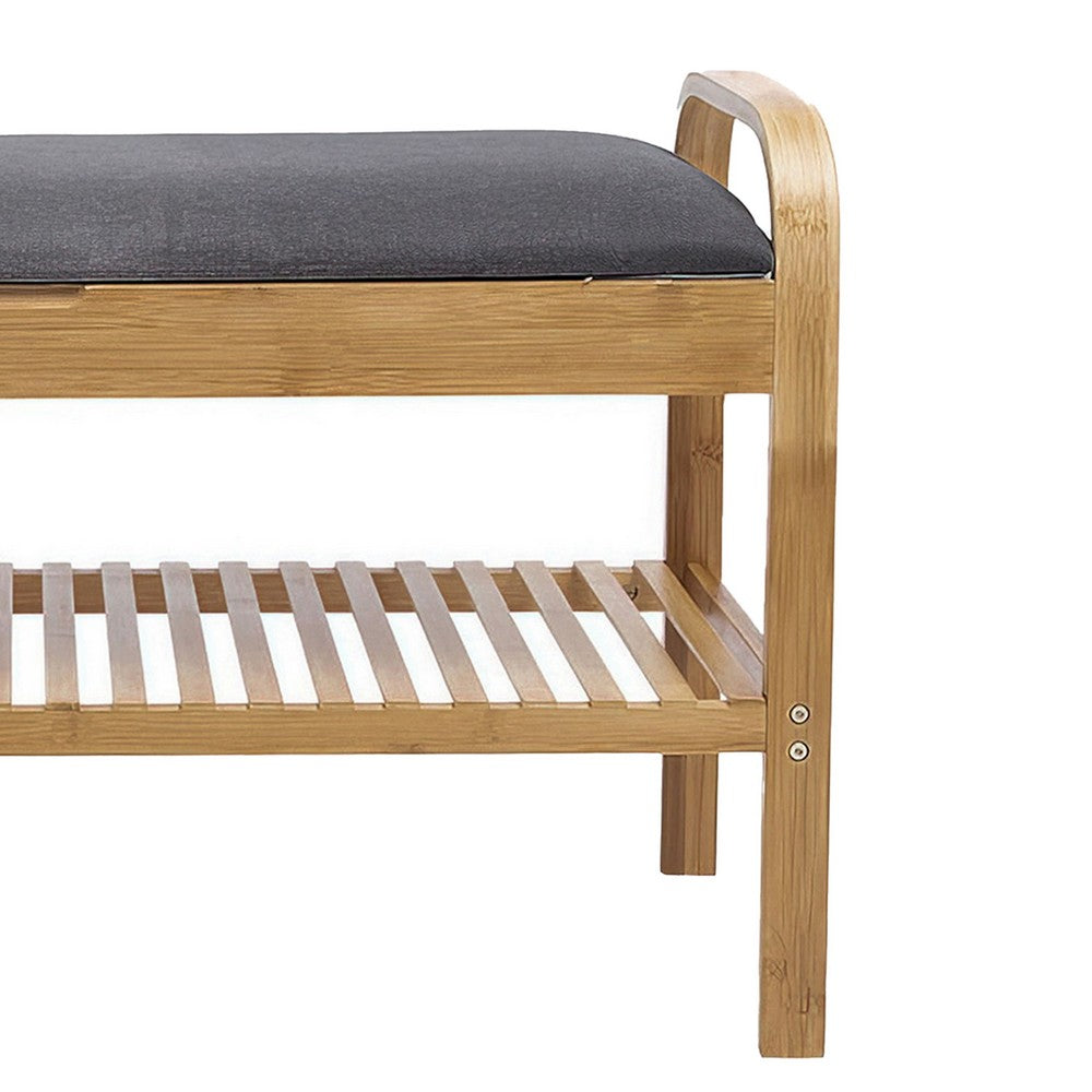 Benjara Mindy Shoe Storage Bench, Gray Polyester Seat, Walnut Brown Bamboo, 36 Inch