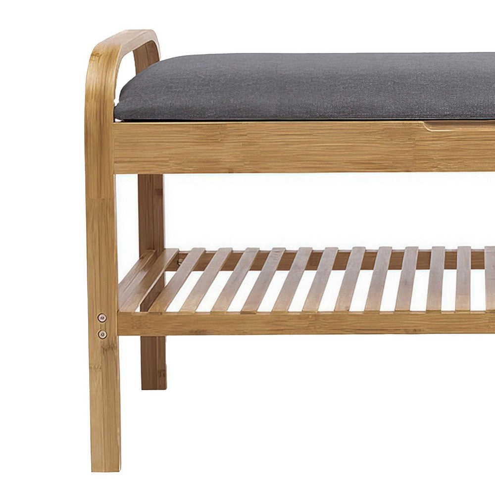 Benjara Mindy Shoe Storage Bench, Gray Polyester Seat, Walnut Brown Bamboo, 36 Inch