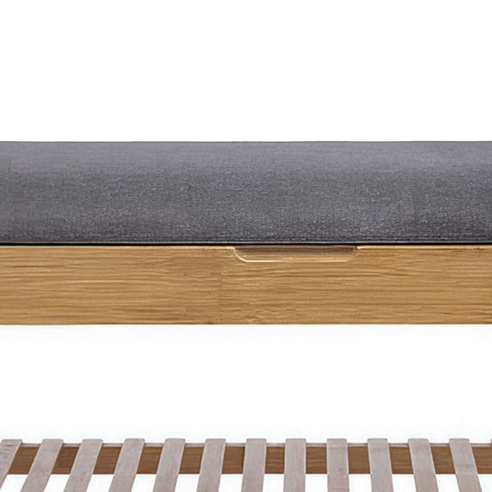Benjara Mindy Shoe Storage Bench, Gray Polyester Seat, Walnut Brown Bamboo, 36 Inch
