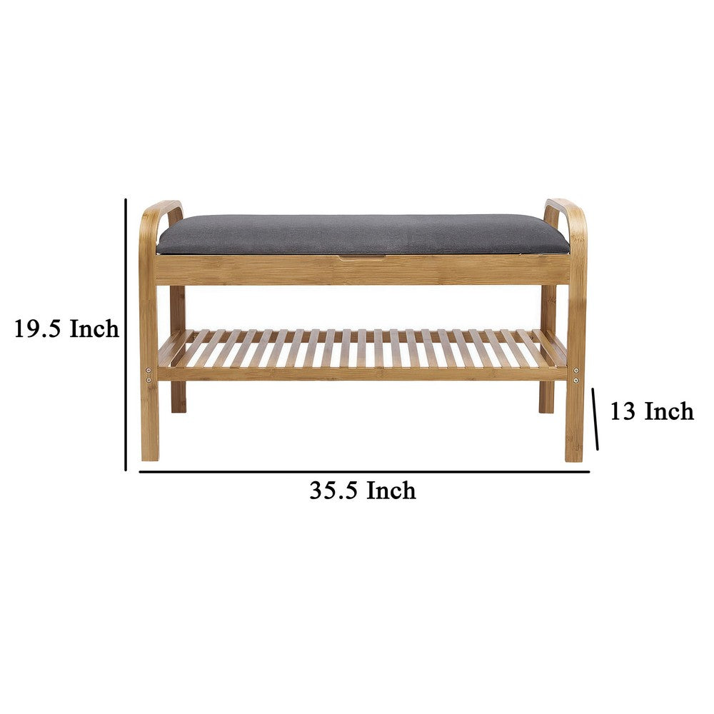 Benjara Mindy Shoe Storage Bench, Gray Polyester Seat, Walnut Brown Bamboo, 36 Inch