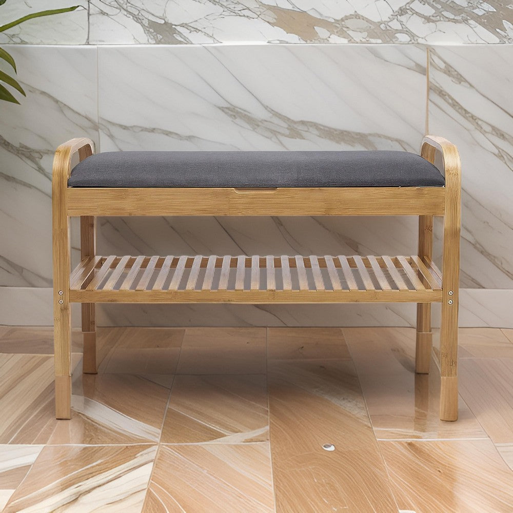 Benjara Mindy Shoe Storage Bench, Gray Polyester Seat, Walnut Brown Bamboo, 36 Inch