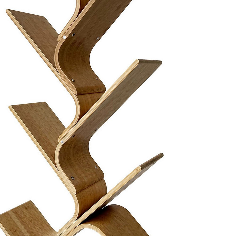 Benjara Irica Accent Bookshelf, 6 Diagonal Storage Shelves, Brown Bamboo, 43 Inch
