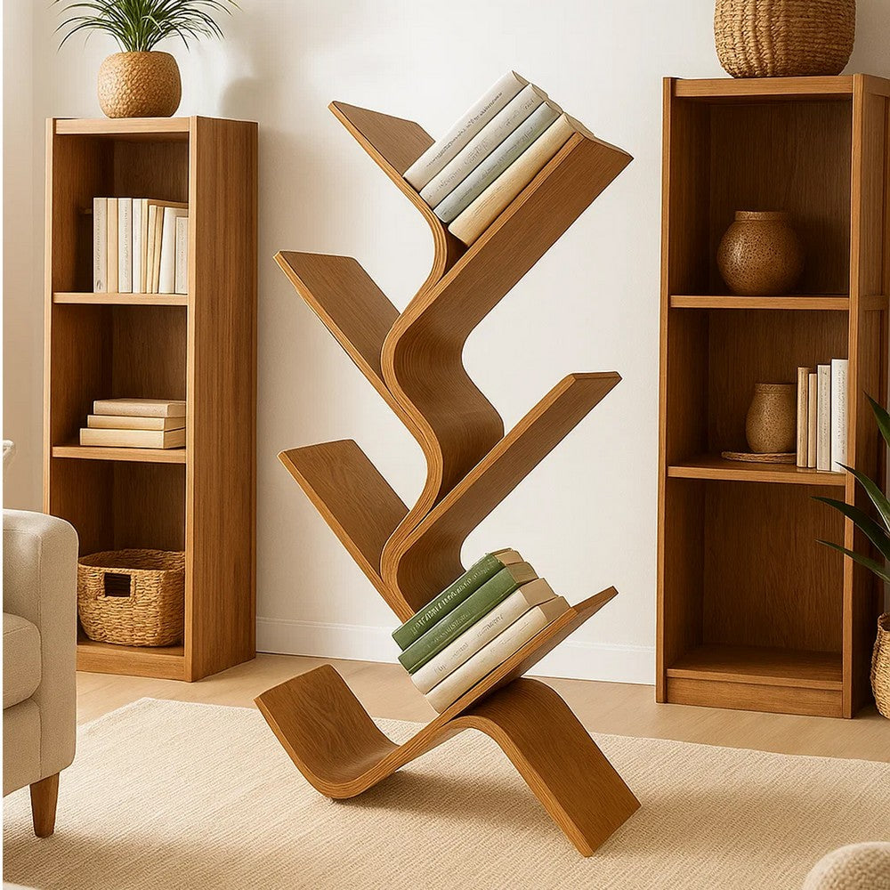 Benjara Irica Accent Bookshelf, 6 Diagonal Storage Shelves, Brown Bamboo, 43 Inch