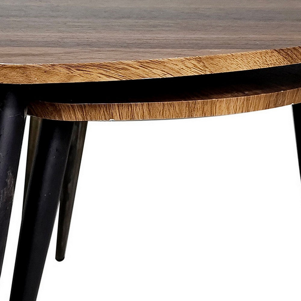 Benjara Clovia Nesting Table, Set of 2, Triangular Brown Solid Wood, Black Metal
