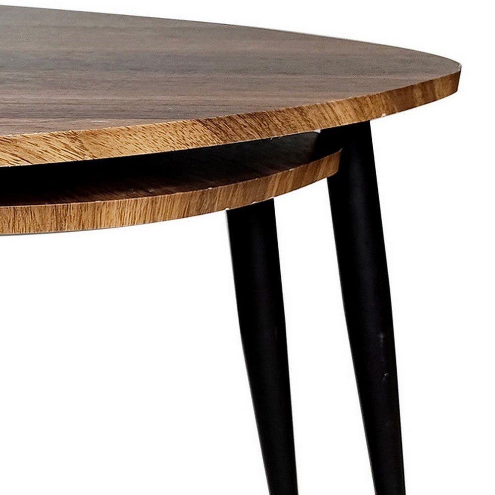 Benjara Clovia Nesting Table, Set of 2, Triangular Brown Solid Wood, Black Metal