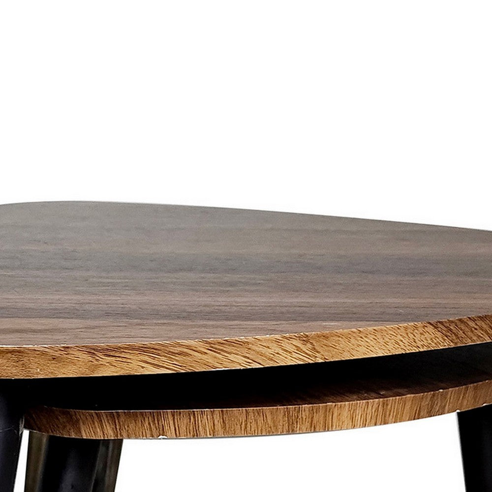Benjara Clovia Nesting Table, Set of 2, Triangular Brown Solid Wood, Black Metal