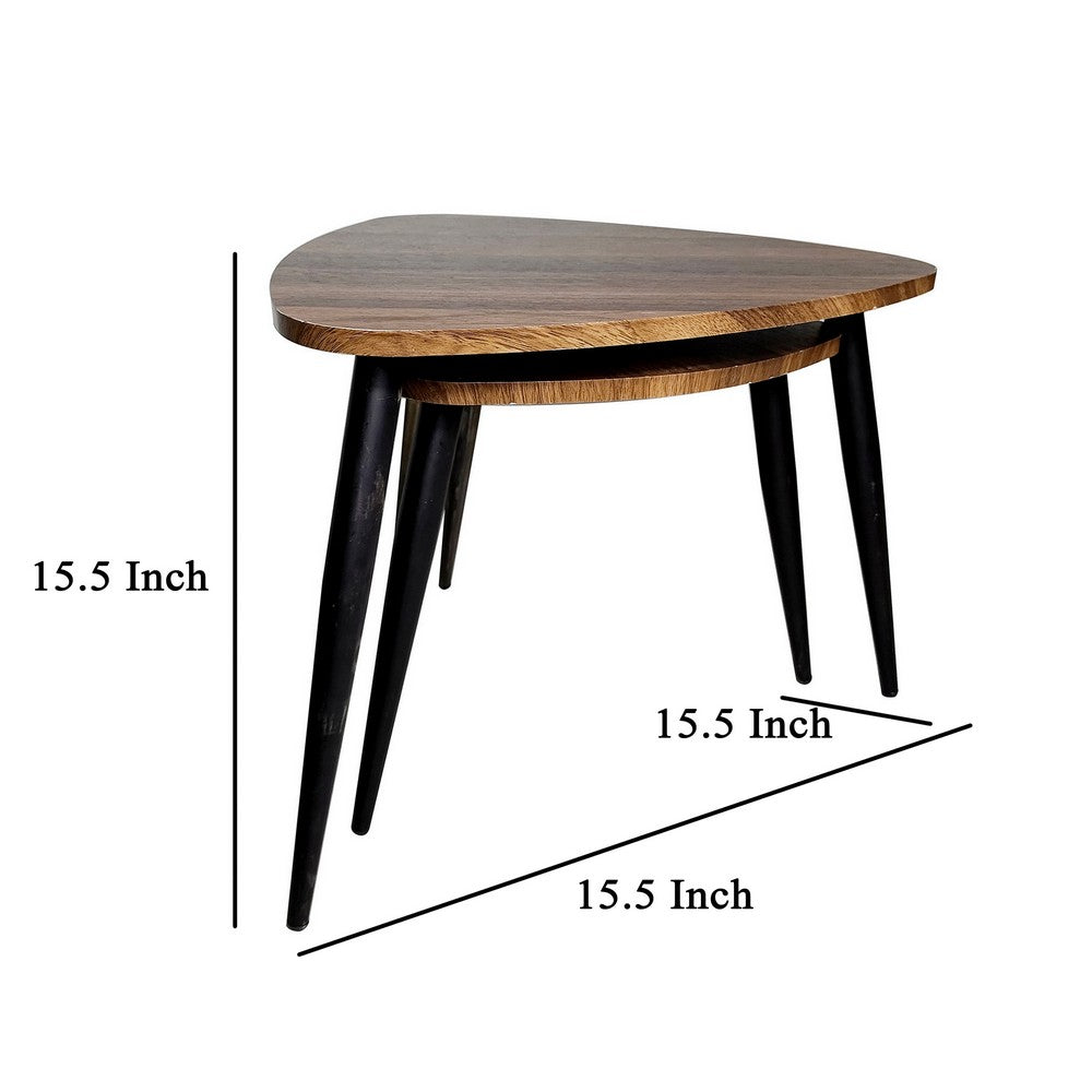 Benjara Clovia Nesting Table, Set of 2, Triangular Brown Solid Wood, Black Metal