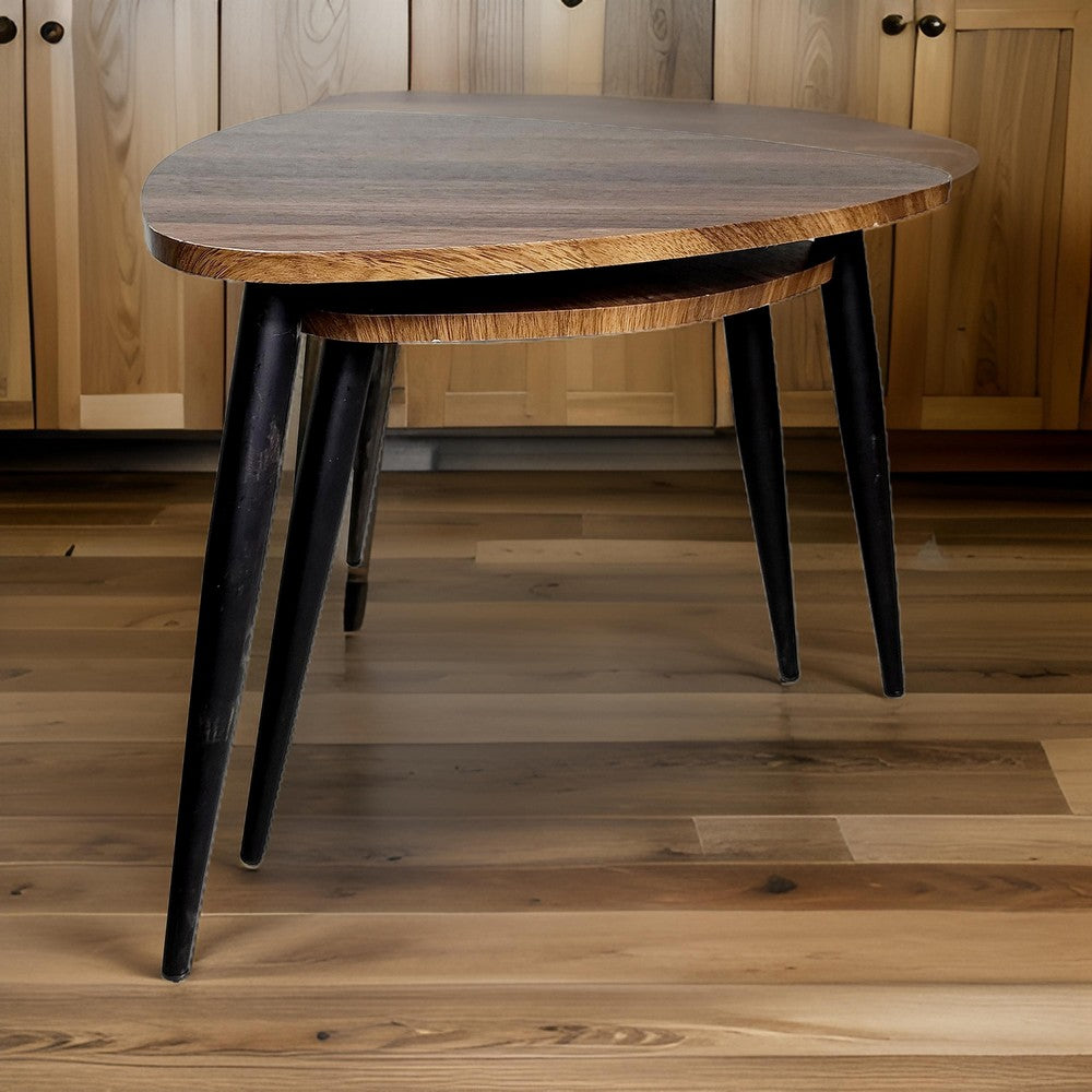 Benjara Clovia Nesting Table, Set of 2, Triangular Brown Solid Wood, Black Metal