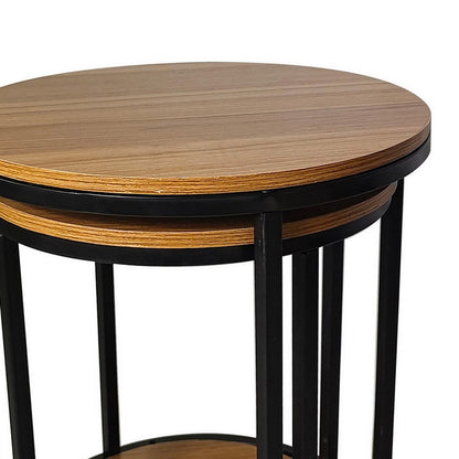 Benjara Molly Nesting Table Set of 2, Round Brown Solid Wood Top, Black Metal Frame