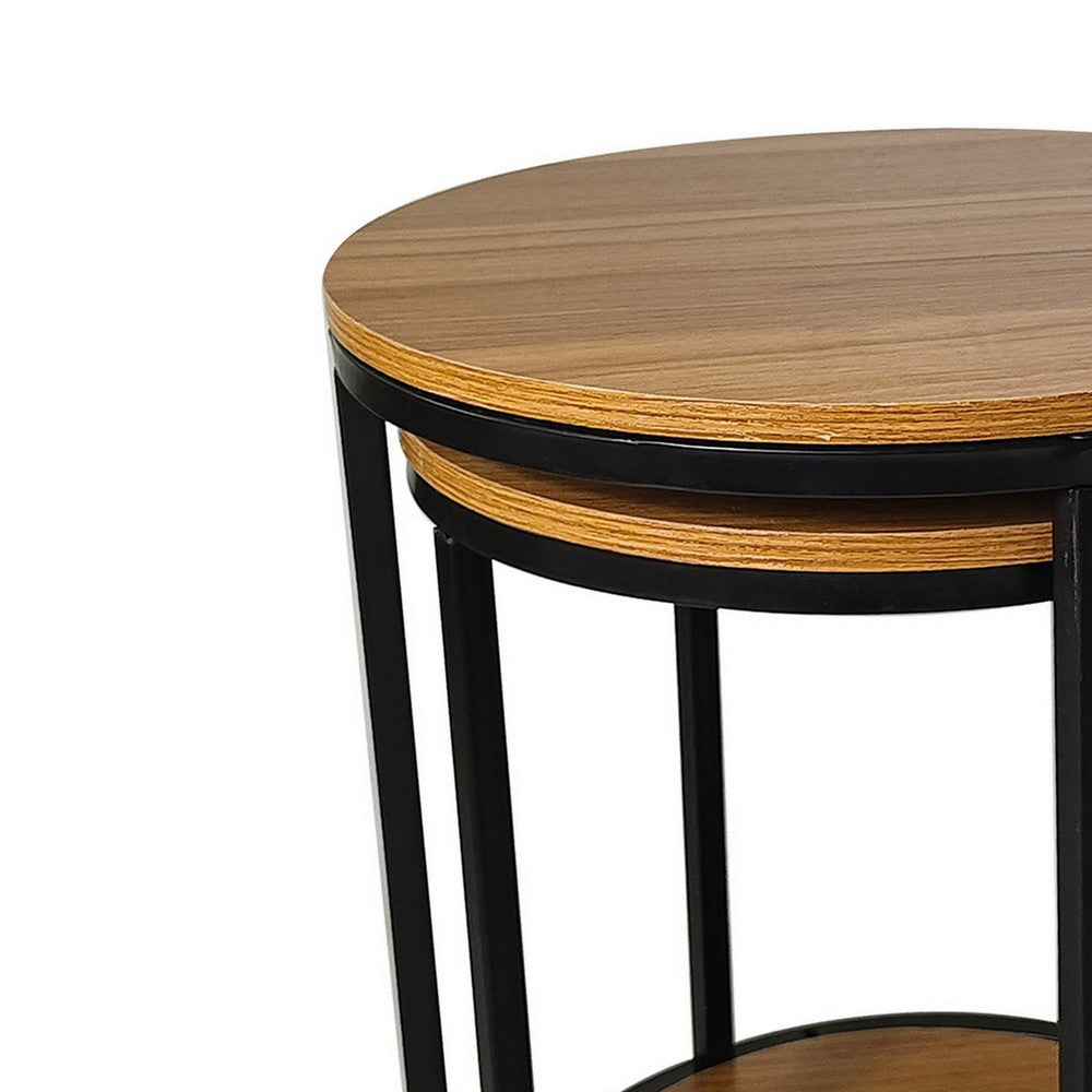 Benjara Molly Nesting Table Set of 2, Round Brown Solid Wood Top, Black Metal Frame