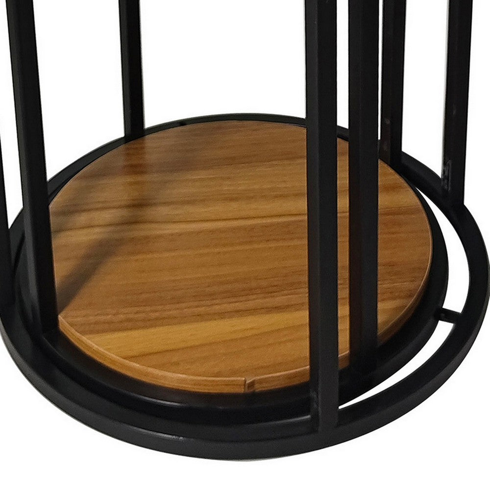 Benjara Molly Nesting Table Set of 2, Round Brown Solid Wood Top, Black Metal Frame