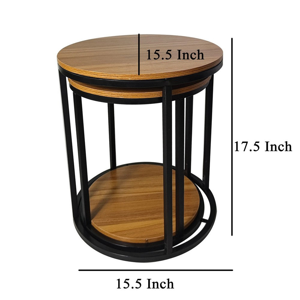 Benjara Molly Nesting Table Set of 2, Round Brown Solid Wood Top, Black Metal Frame