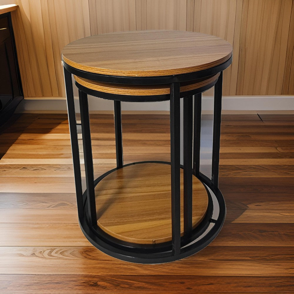 Benjara Molly Nesting Table Set of 2, Round Brown Solid Wood Top, Black Metal Frame