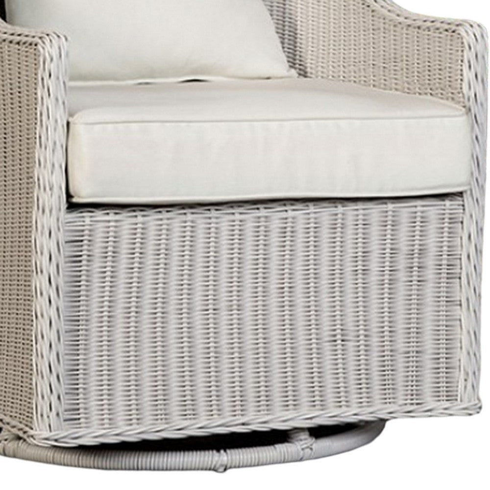 Benjara Tomo Outdoor Swivel Chair, Wingback Design, White Fabric, Wicker Rattan