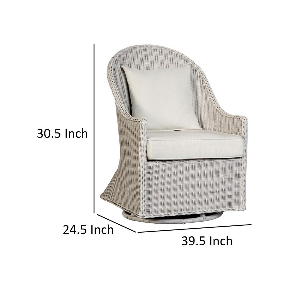 Benjara Tomo Outdoor Swivel Chair, Wingback Design, White Fabric, Wicker Rattan
