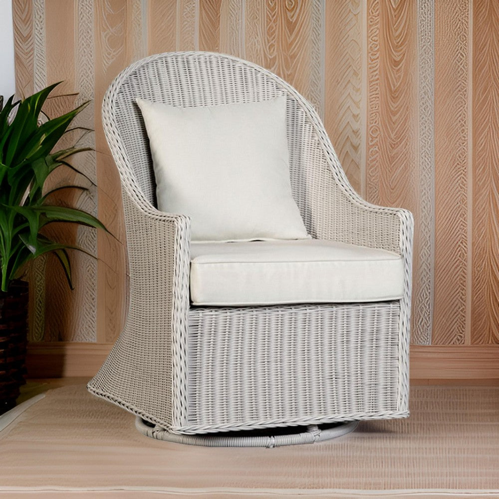 Benjara Tomo Outdoor Swivel Chair, Wingback Design, White Fabric, Wicker Rattan