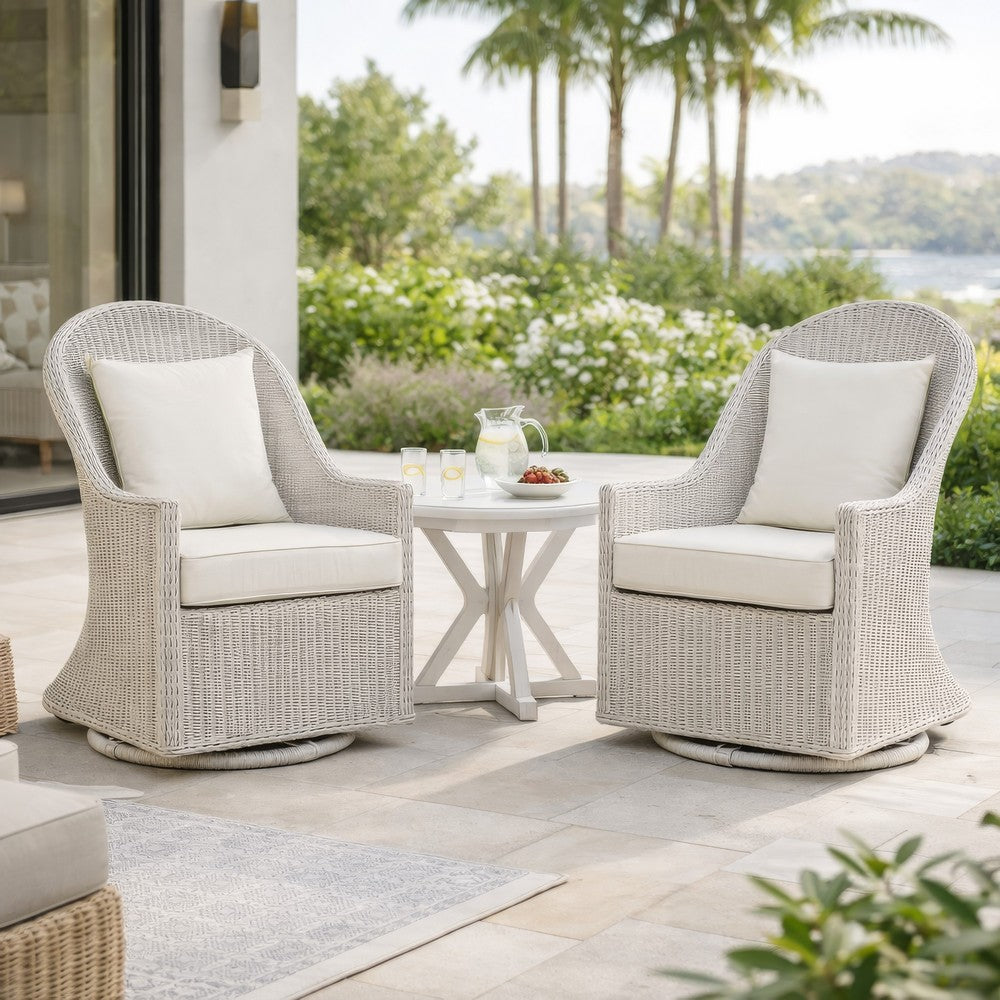 Benjara Tomo Outdoor Swivel Chair, Wingback Design, White Fabric, Wicker Rattan