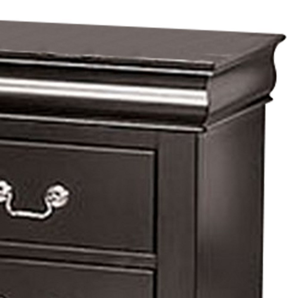 Benjara Ryla Nightstand, 2 Drawers, Black Solid Wood, Nickel Metal Drop Handles