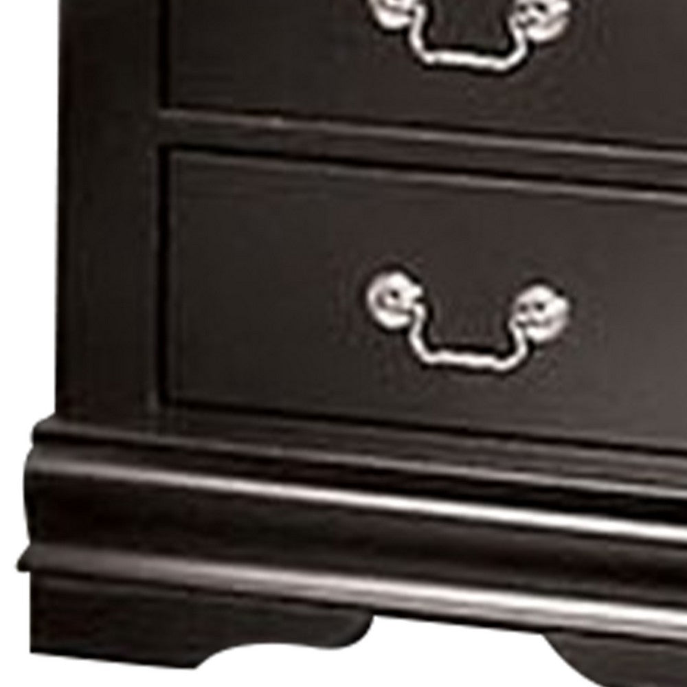 Benjara Ryla Nightstand, 2 Drawers, Black Solid Wood, Nickel Metal Drop Handles