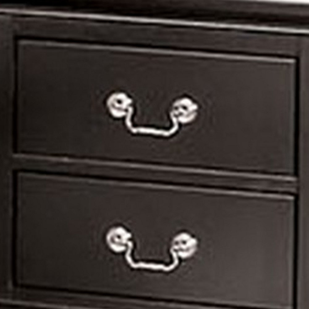Benjara Ryla Nightstand, 2 Drawers, Black Solid Wood, Nickel Metal Drop Handles